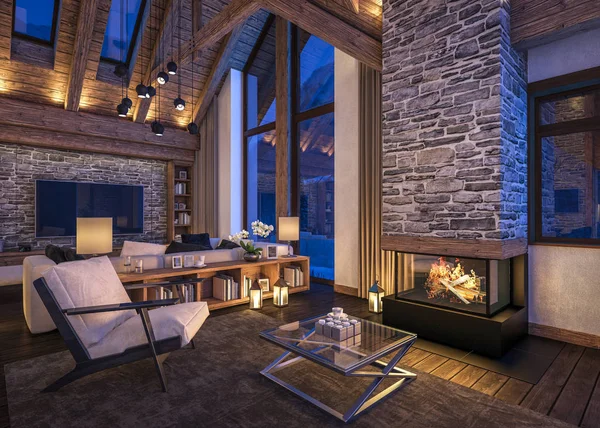 Akşam oturma odası dağ evi, 3D render