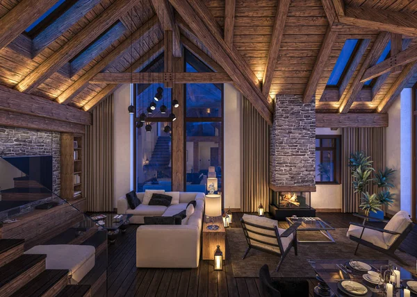 Akşam oturma odası dağ evi, 3D render