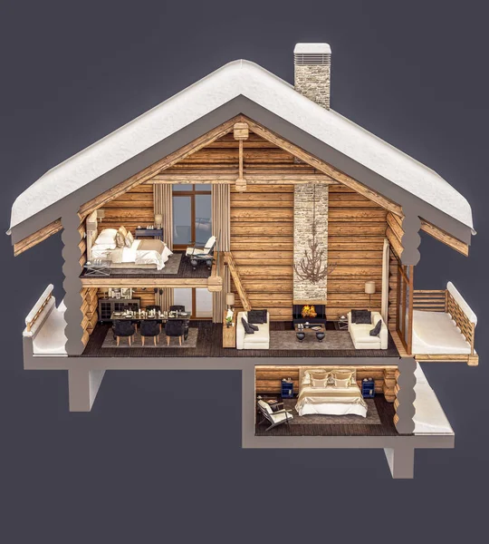 Przekrój 3D renderowania Chalet — Zdjęcie stockowe