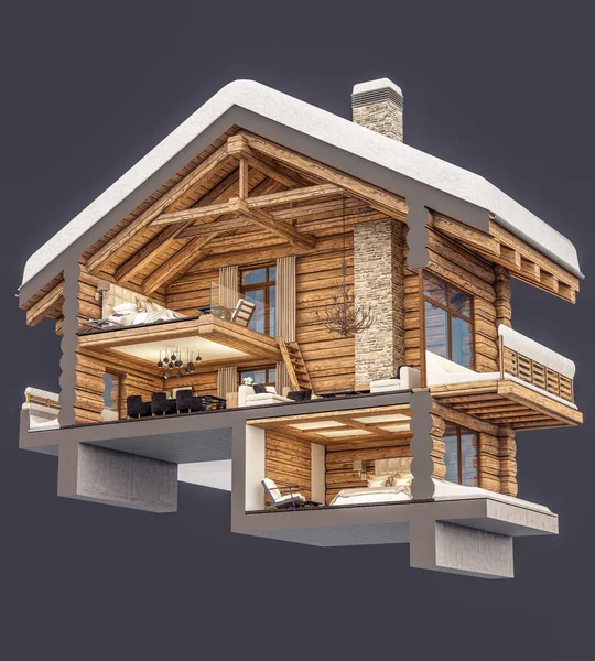 Przekrój 3D renderowania Chalet — Zdjęcie stockowe