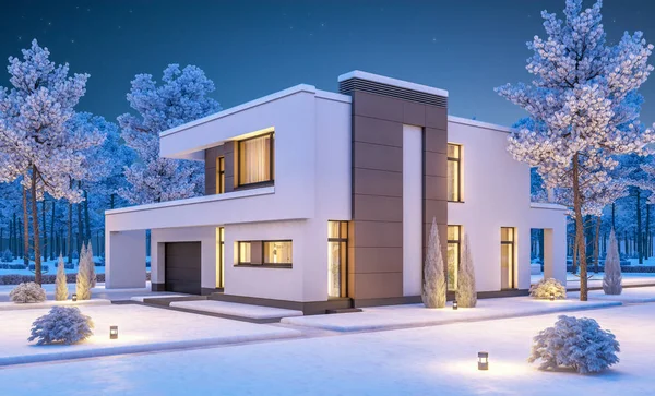 modern kış evi 3D render geceleri