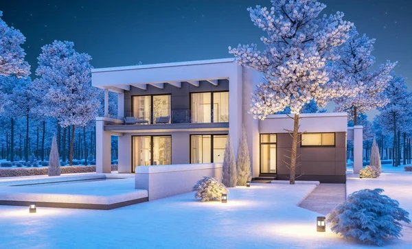 3D-rendering van moderne winter huis bij nacht — Stockfoto