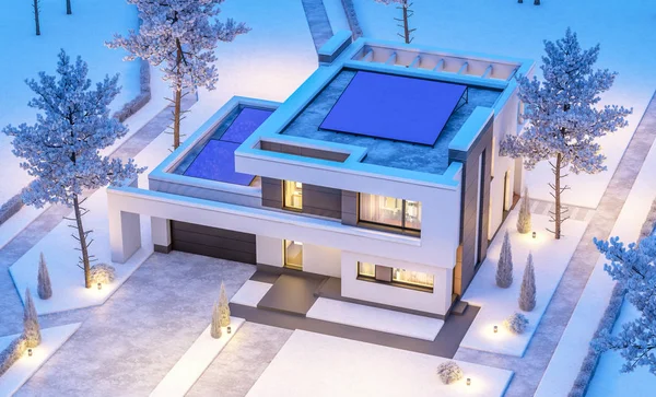 Renderowania 3D domu nowoczesne zimą w nocy — Zdjęcie stockowe