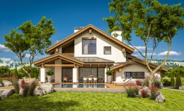 dağ evi tarzı modern rahat evde 3D render 