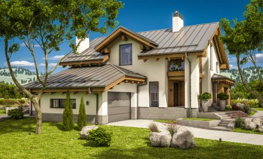 dağ evi tarzı modern rahat evde 3D render 