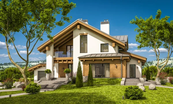 dağ evi tarzı modern rahat evde 3D render 