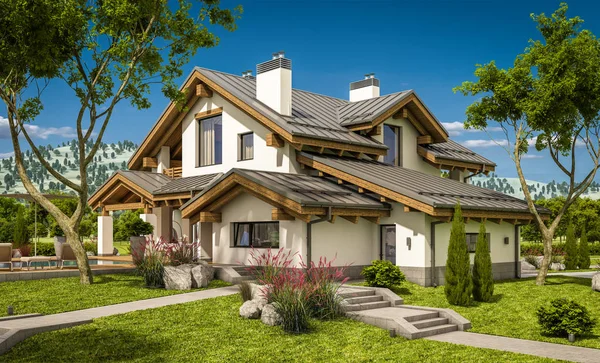 dağ evi tarzı modern rahat evde 3D render 
