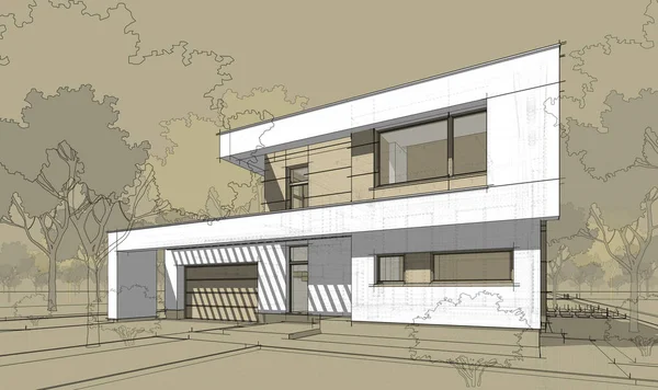 3D rendering skiss av moderna mysiga hus. — Stockfoto