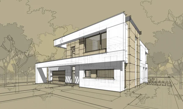 3D rendering vázlat, modern, hangulatos ház. — Stock Fotó