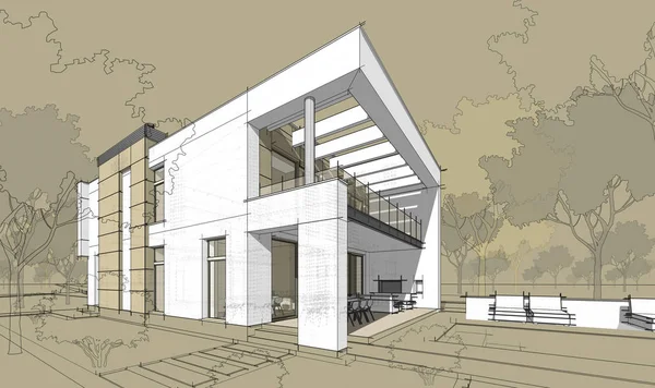 현대 아늑한 집의 3d 렌더링 스케치. — 스톡 사진