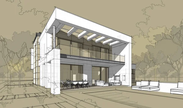 현대 아늑한 집의 3d 렌더링 스케치. — 스톡 사진