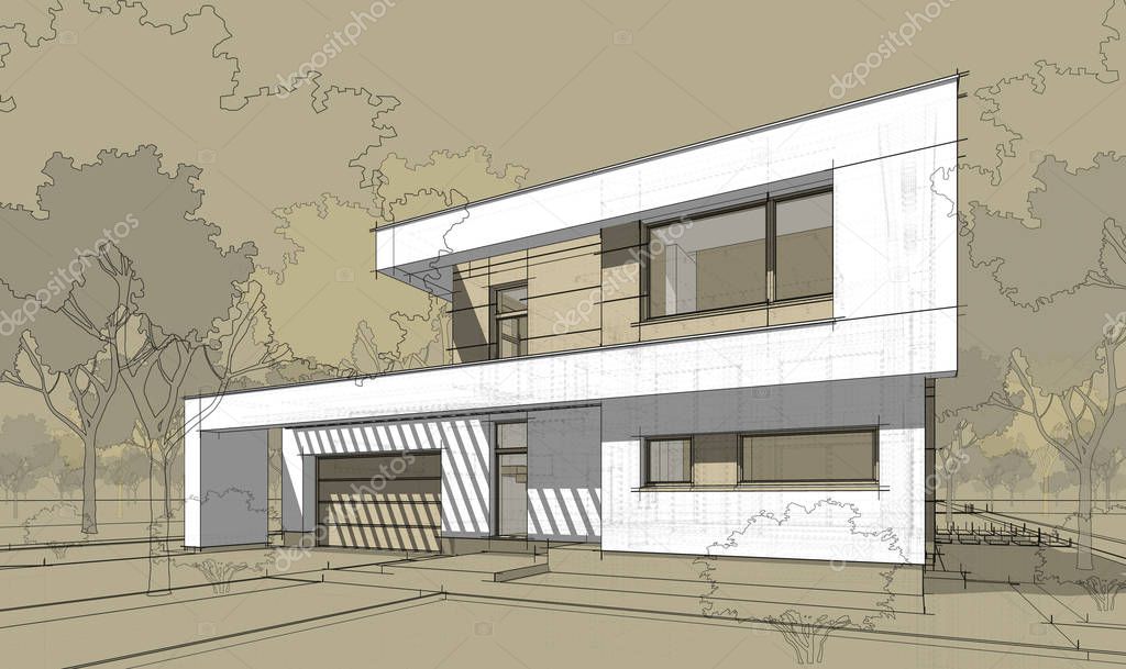 3d rendering sketch of modern cozy house.