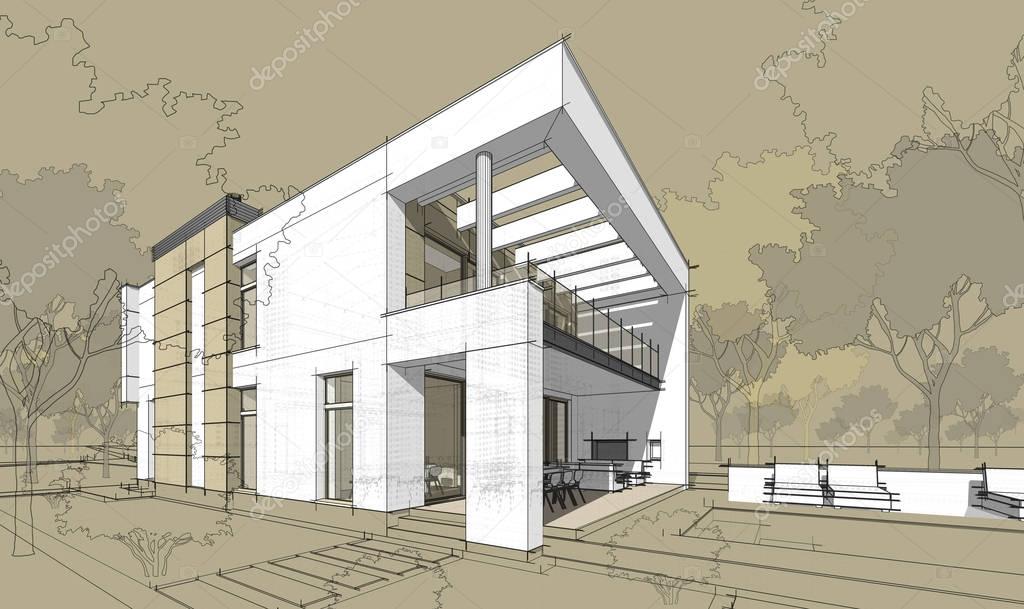 3d rendering sketch of modern cozy house.