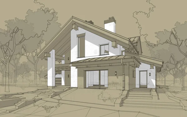 3D render vázlat, modern, hangulatos ház faház stílusban — Stock Fotó