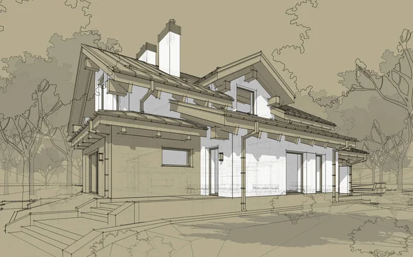 3D render sketch of modern cozy house in chalet style — Stock Photo, Image