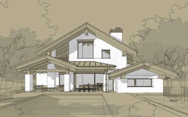 3D render sketch of modern cozy house in chalet style — Stock Photo, Image