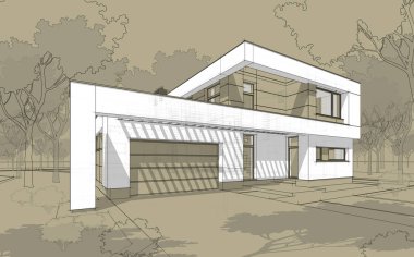 dağ evi tarzı modern rahat evde 3D render kroki
