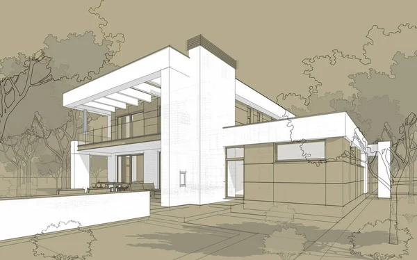 Bosquejo 3D de la casa acogedora moderna en estilo chalet — Foto de Stock