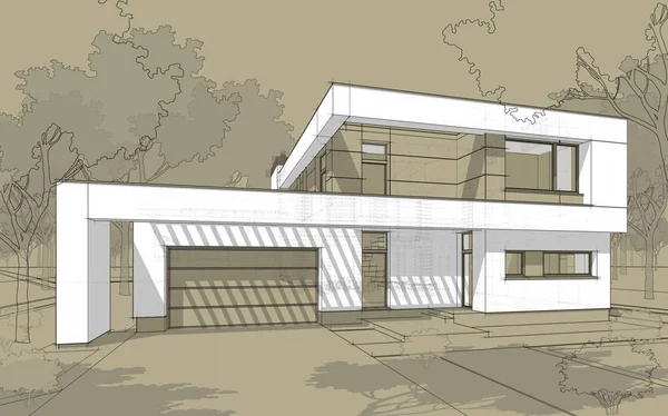 Szkic 3D render o nowoczesny, przytulny dom w stylu domku — Zdjęcie stockowe