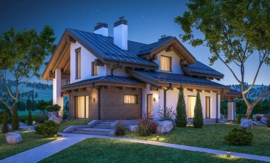 dağ evi tarzı modern rahat evde 3D render 