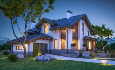 dağ evi tarzı modern rahat evde 3D render 