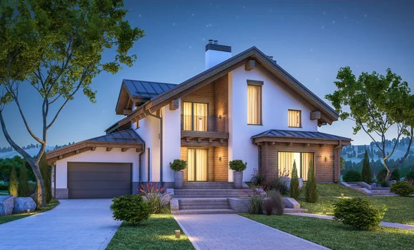 dağ evi tarzı modern rahat evde 3D render 