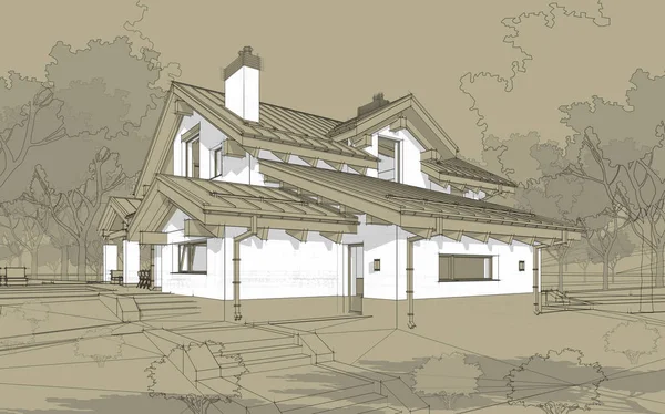 3D render sketch of modern cozy house in chalet style — Stock Photo, Image