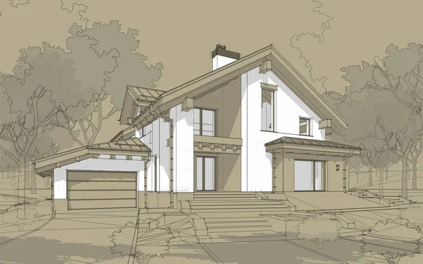 Szkic 3D render o nowoczesny, przytulny dom w stylu domku — Zdjęcie stockowe