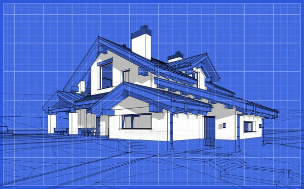 3D render sketsa rumah modern yang nyaman dalam gaya chalet — Stok Foto