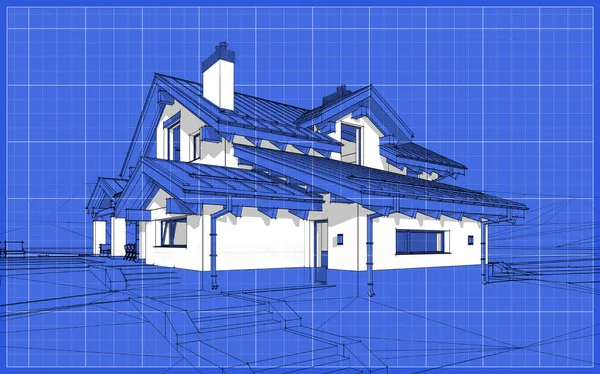 3D визуализация эскиза современного уютного дома в стиле шале — стоковое фото
