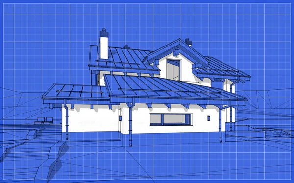 3D визуализация эскиза современного уютного дома в стиле шале — стоковое фото