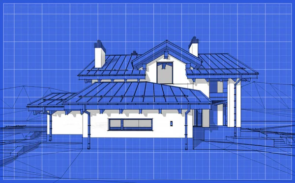 3D визуализация эскиза современного уютного дома в стиле шале — стоковое фото