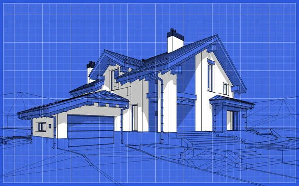 3D-Renderskizze eines modernen gemütlichen Hauses im Chalet-Stil — Stockfoto