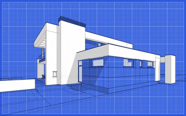 3D skica vykreslení moderní útulný dům — Stock fotografie