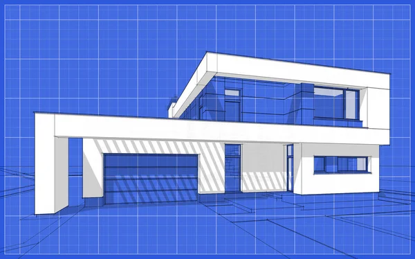 Szkic 3D render nowoczesne przytulnym domu — Zdjęcie stockowe