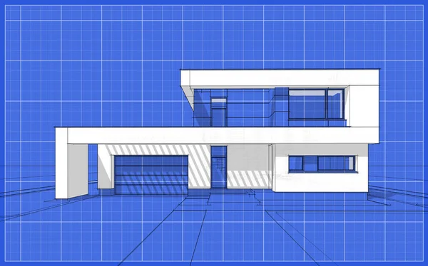 3D skica vykreslení moderní útulný dům — Stock fotografie