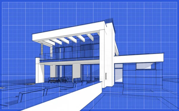 Szkic 3D render nowoczesne przytulnym domu — Zdjęcie stockowe