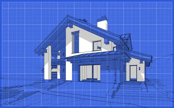 3D визуализация эскиза современного уютного дома в стиле шале — стоковое фото