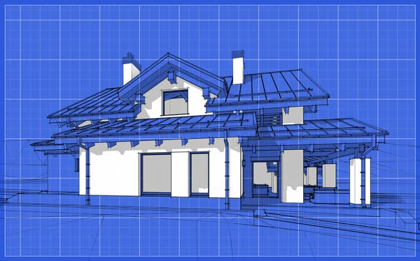 3D визуализация эскиза современного уютного дома в стиле шале — стоковое фото