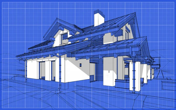 3D визуализация эскиза современного уютного дома в стиле шале — стоковое фото