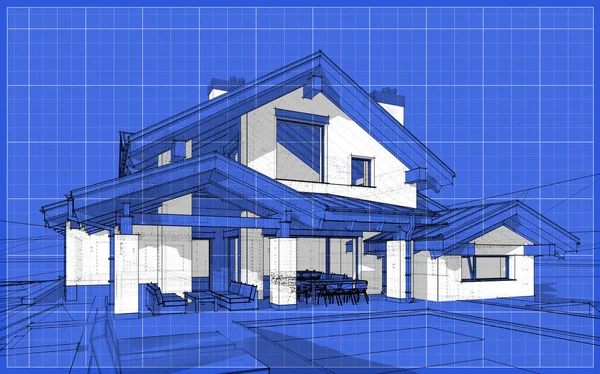 3D визуализация эскиза современного уютного дома в стиле шале — стоковое фото