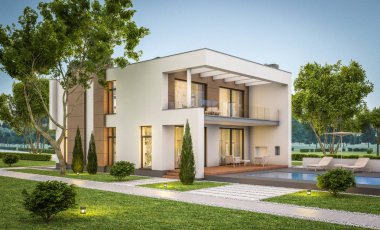 modern ev 3D render akşam