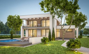 modern ev 3D render akşam