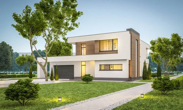 3D-Darstellung des modernen Hauses am Abend — Stockfoto