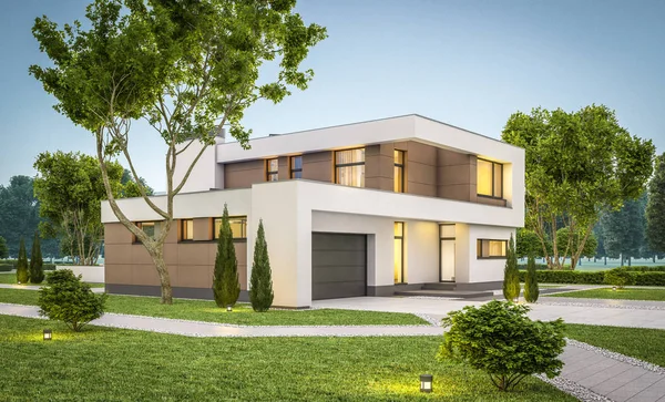 3D-Darstellung des modernen Hauses am Abend — Stockfoto