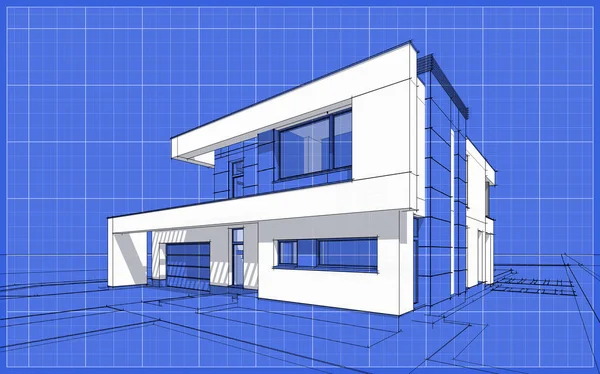 3D skica vykreslení moderní útulný dům — Stock fotografie