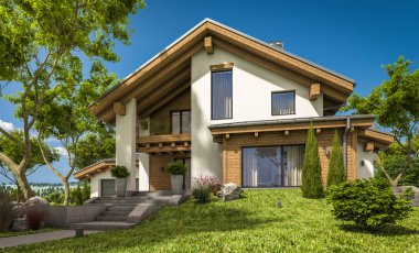 dağ evi tarzı modern rahat evde 3D render 