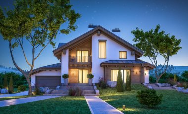 dağ evi tarzı modern rahat evde 3D render 