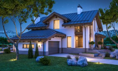 dağ evi tarzı modern rahat evde 3D render 