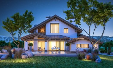 dağ evi tarzı modern rahat evde 3D render 